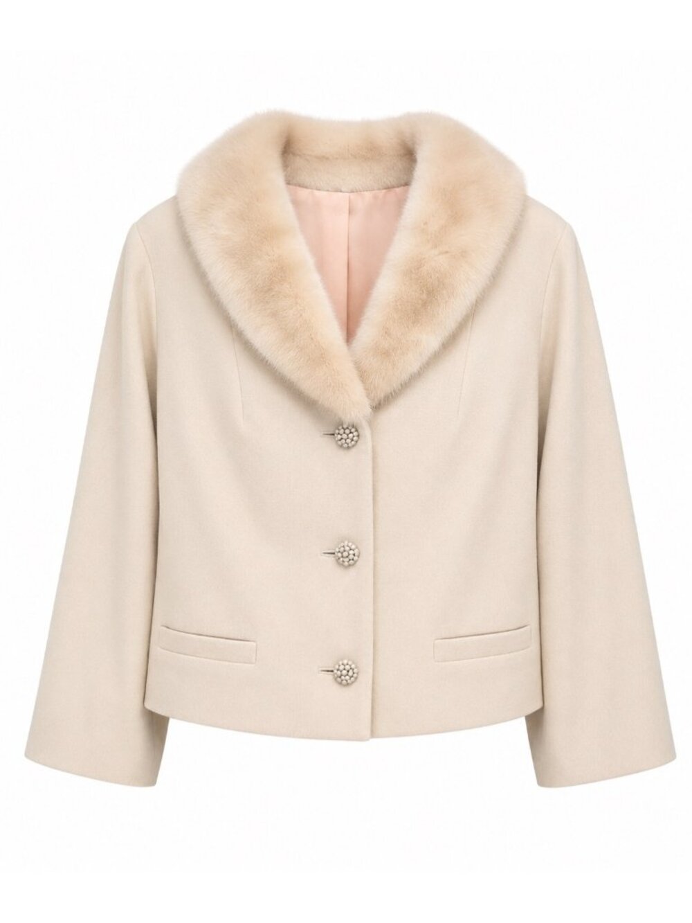 Beige 2-Piece Suit Set w/Faux Fur Collar Jacket & Pencil Skirt Pearl Buttons